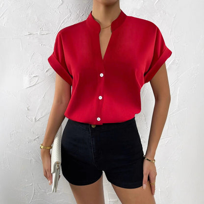 Solid Blouse with Short Sleeves and Band Collar V-Neck