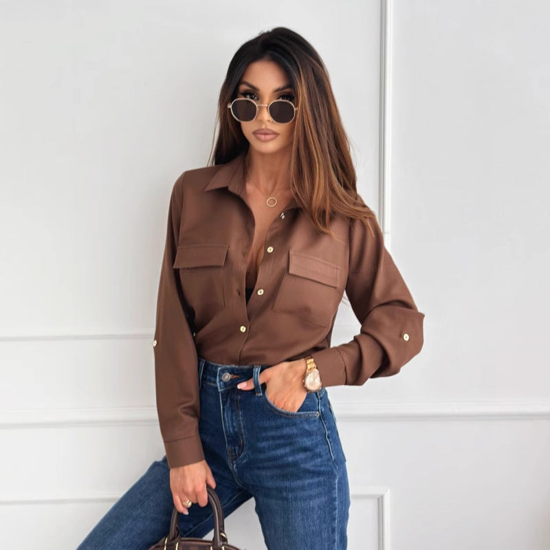 Solid Color Button-Up Shirt with Chest Pockets and Roll-Tab Sleeves