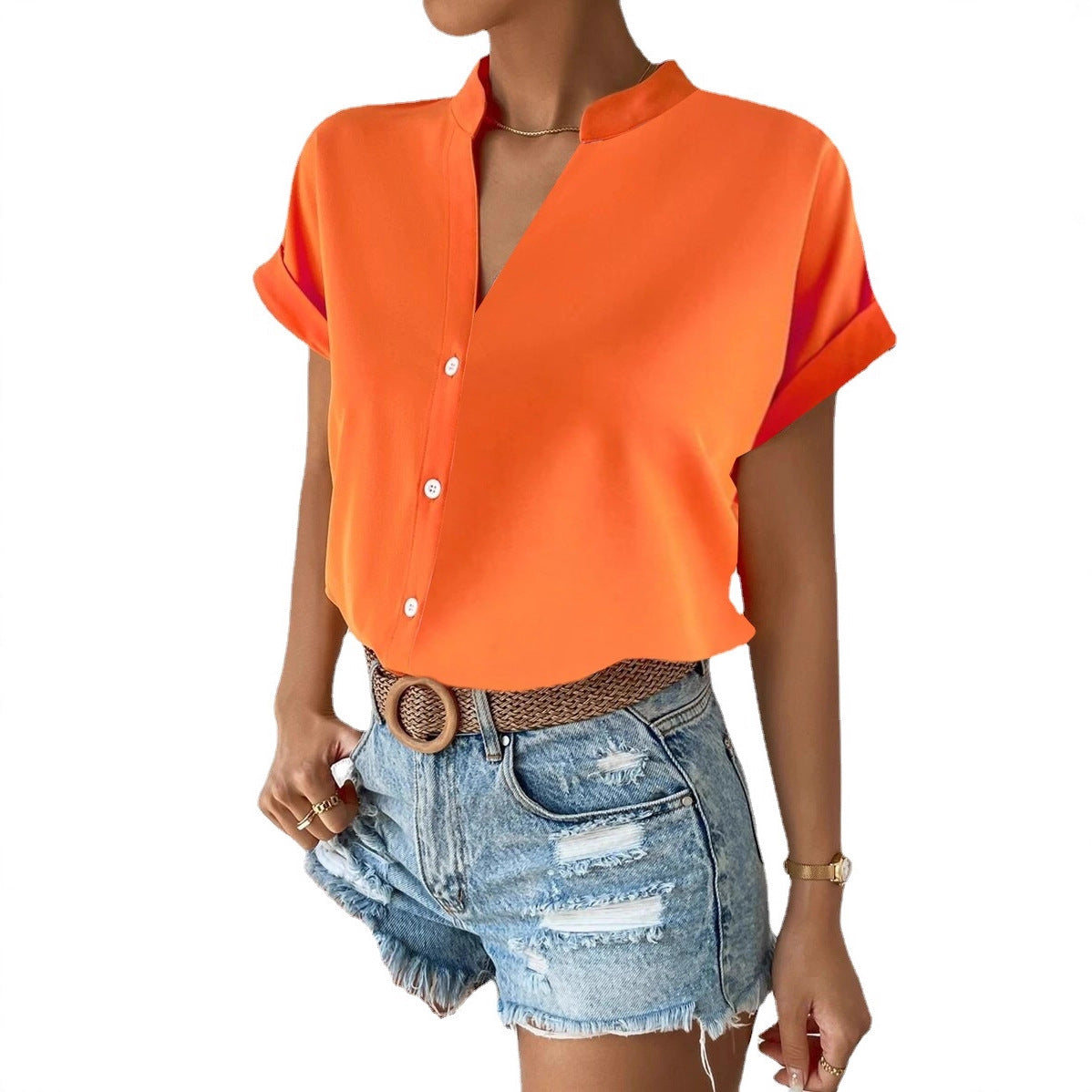 Solid Blouse with Short Sleeves and Band Collar V-Neck