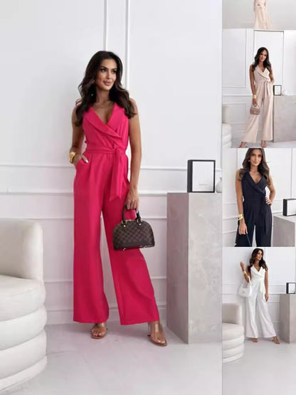 Sleeveless Jumpsuit with Wrap V-Neck and Wide Legs