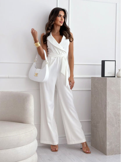 Sleeveless Jumpsuit with Wrap V-Neck and Wide Legs