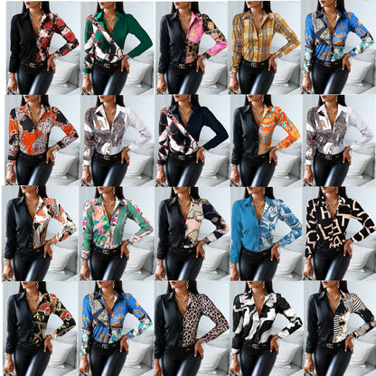 Color Block Print Blouse with V-Neck and Long Sleeves