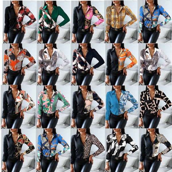 Color Block Print Blouse with V-Neck and Long Sleeves
