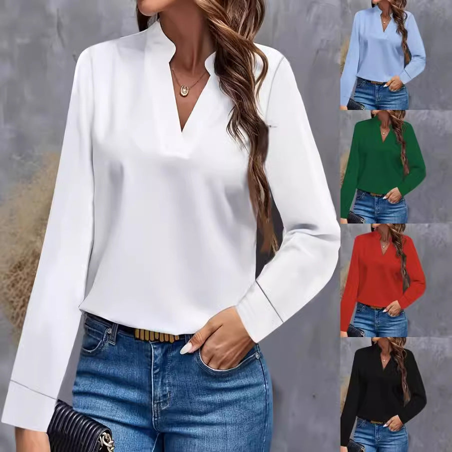 Solid Color Blouse with Stand Collar V-Neck and Long Sleeves