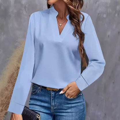 Solid Color Blouse with Stand Collar V-Neck and Long Sleeves