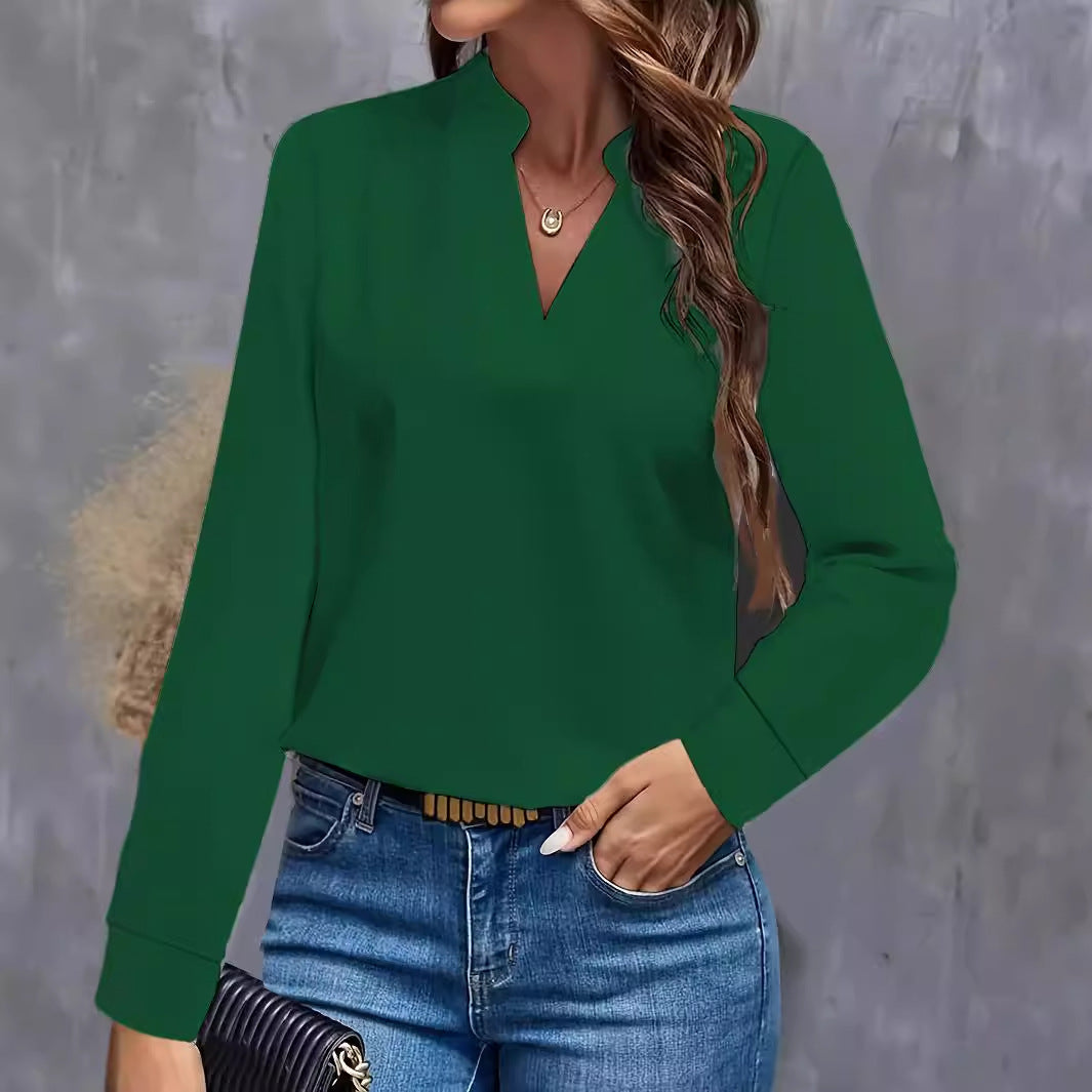 Solid Color Blouse with Stand Collar V-Neck and Long Sleeves