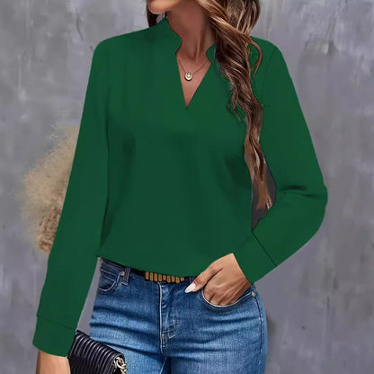 Solid Color Blouse with Stand Collar V-Neck and Long Sleeves