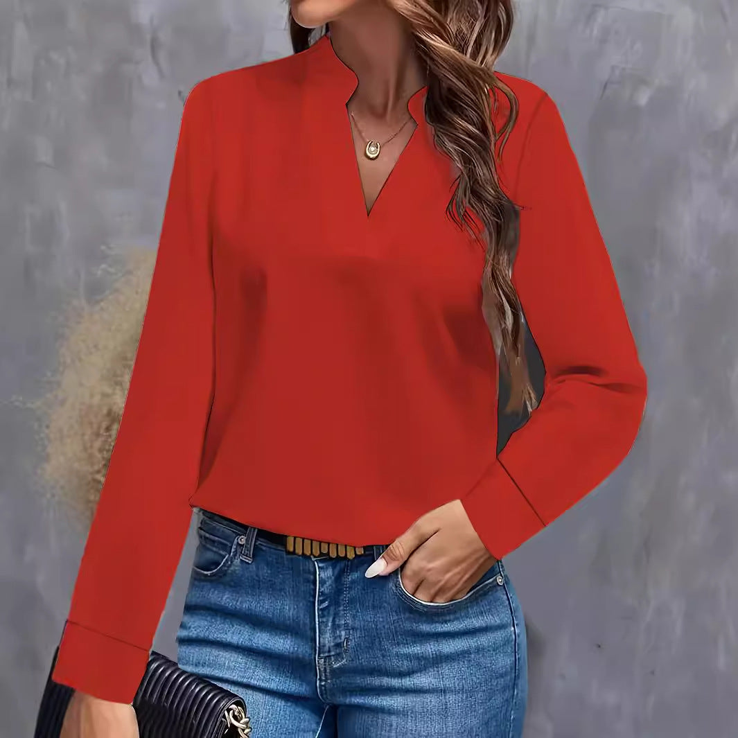Solid Color Blouse with Stand Collar V-Neck and Long Sleeves