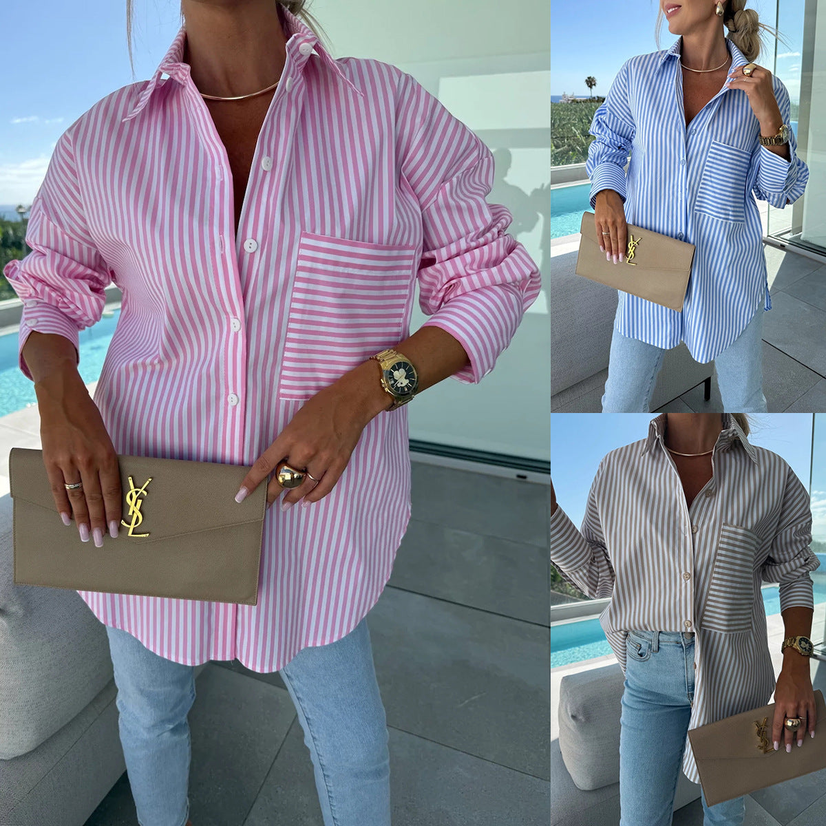 Oversized Striped Button-Down Shirt with Contrast Pocket