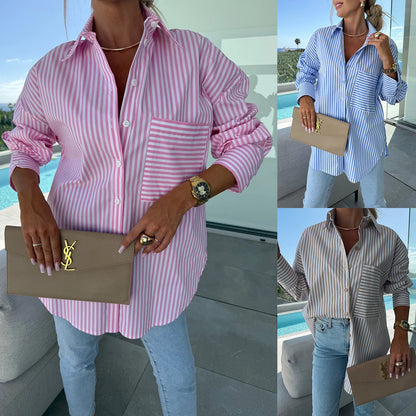 Oversized Striped Button-Down Shirt with Contrast Pocket