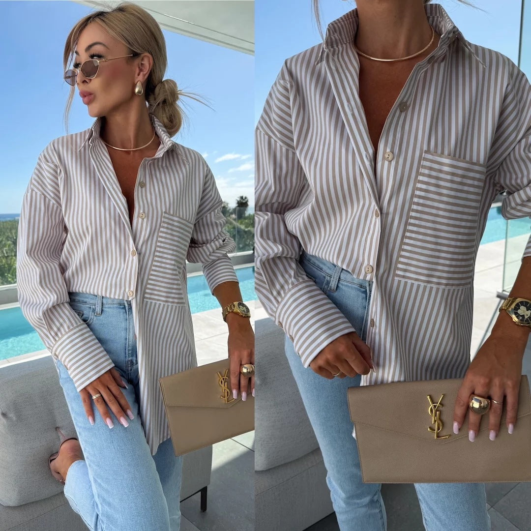 Oversized Striped Button-Down Shirt with Contrast Pocket