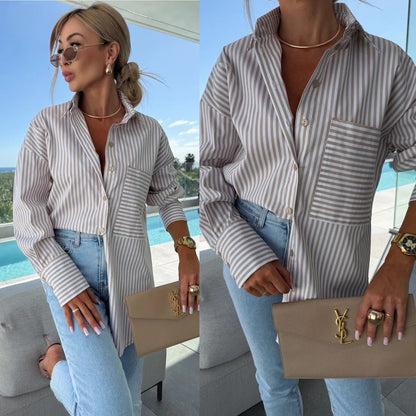 Oversized Striped Button-Down Shirt with Contrast Pocket