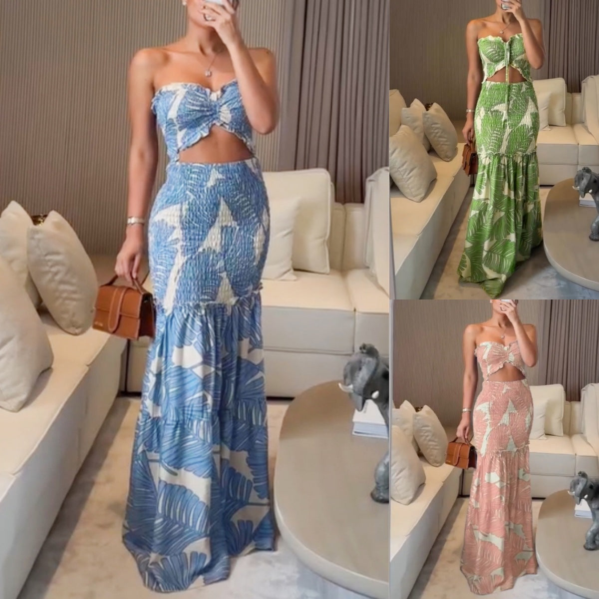 Tropical Leaf Print Bandeau Top and Smocked Maxi Skirt Set