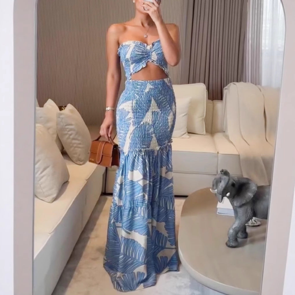 Tropical Leaf Print Bandeau Top and Smocked Maxi Skirt Set