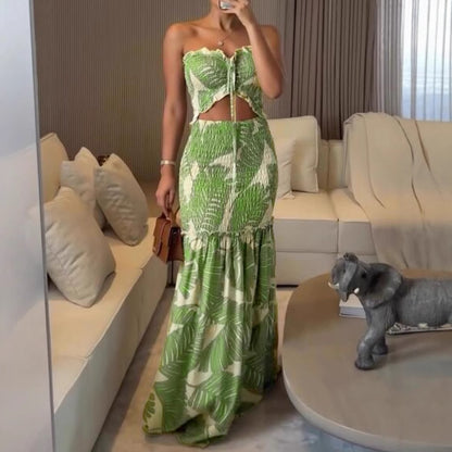Tropical Leaf Print Bandeau Top and Smocked Maxi Skirt Set