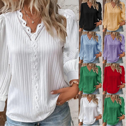 Long-Sleeve Pleated Blouse with V-Neck and Lace Trim