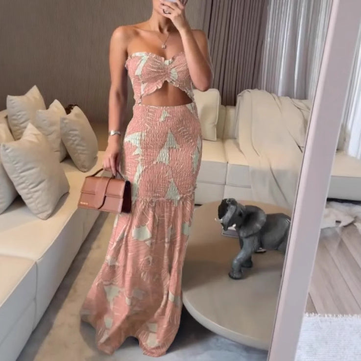 Tropical Leaf Print Bandeau Top and Smocked Maxi Skirt Set