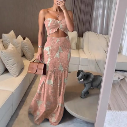 Tropical Leaf Print Bandeau Top and Smocked Maxi Skirt Set