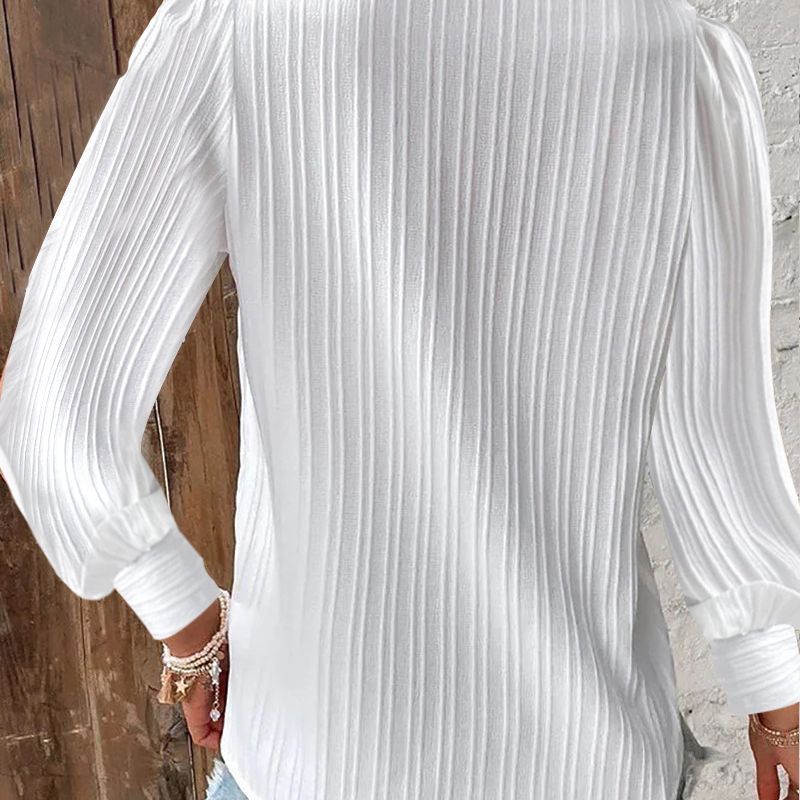 Long-Sleeve Pleated Blouse with V-Neck and Lace Trim