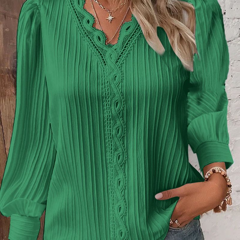 Long-Sleeve Pleated Blouse with V-Neck and Lace Trim