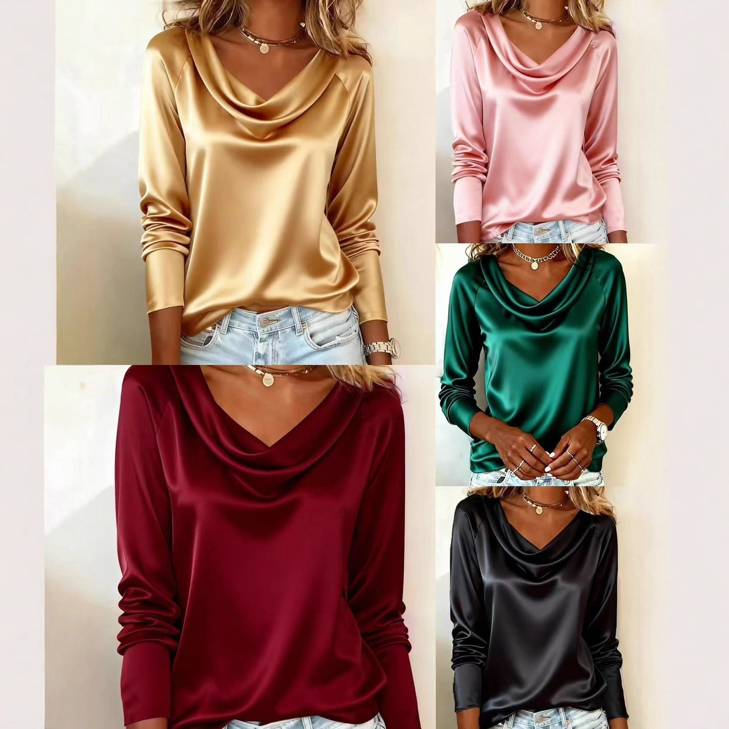 Solid Satin Cowl Neck Blouse with Long Sleeves
