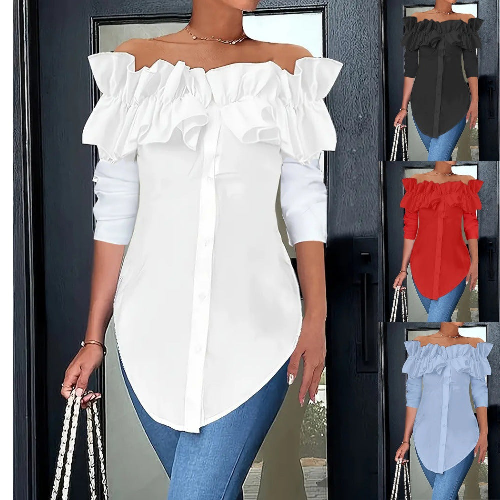 Solid Off-Shoulder Ruffled Button-Down Blouse