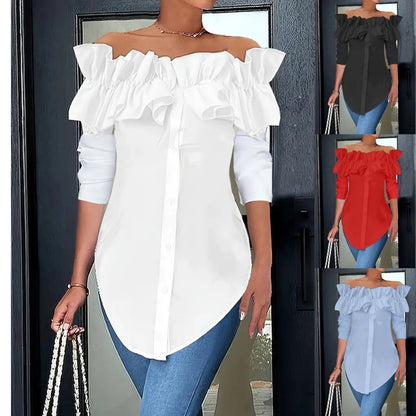 Solid Off-Shoulder Ruffled Button-Down Blouse