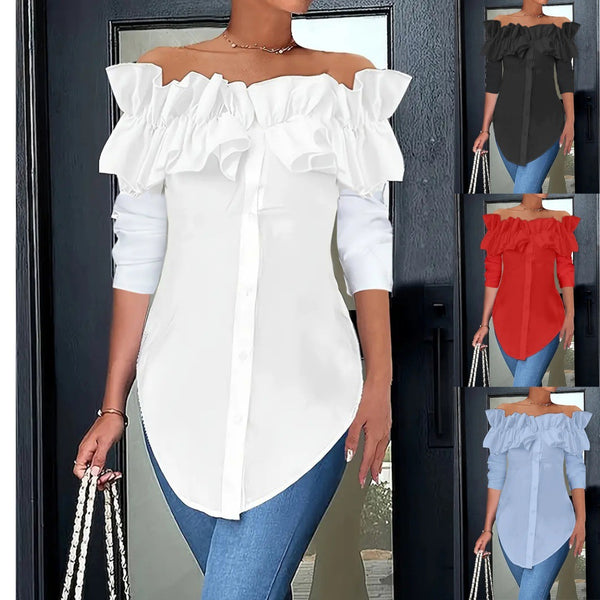 Solid Off-Shoulder Ruffled Button-Down Blouse