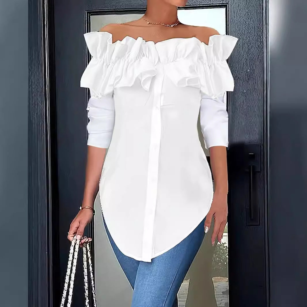 Solid Off-Shoulder Ruffled Button-Down Blouse