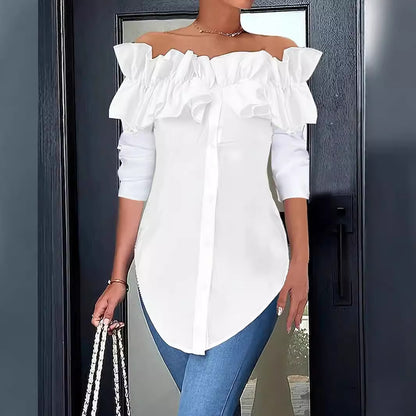 Solid Off-Shoulder Ruffled Button-Down Blouse
