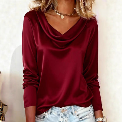 Solid Satin Cowl Neck Blouse with Long Sleeves