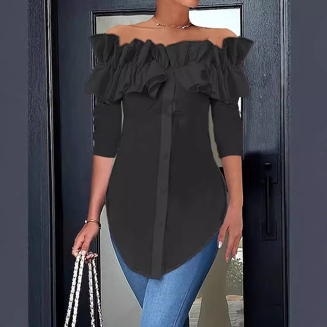 Solid Off-Shoulder Ruffled Button-Down Blouse