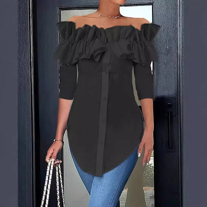 Solid Off-Shoulder Ruffled Button-Down Blouse