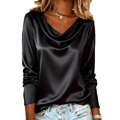 Solid Satin Cowl Neck Blouse with Long Sleeves