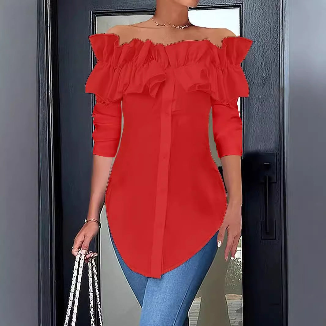 Solid Off-Shoulder Ruffled Button-Down Blouse