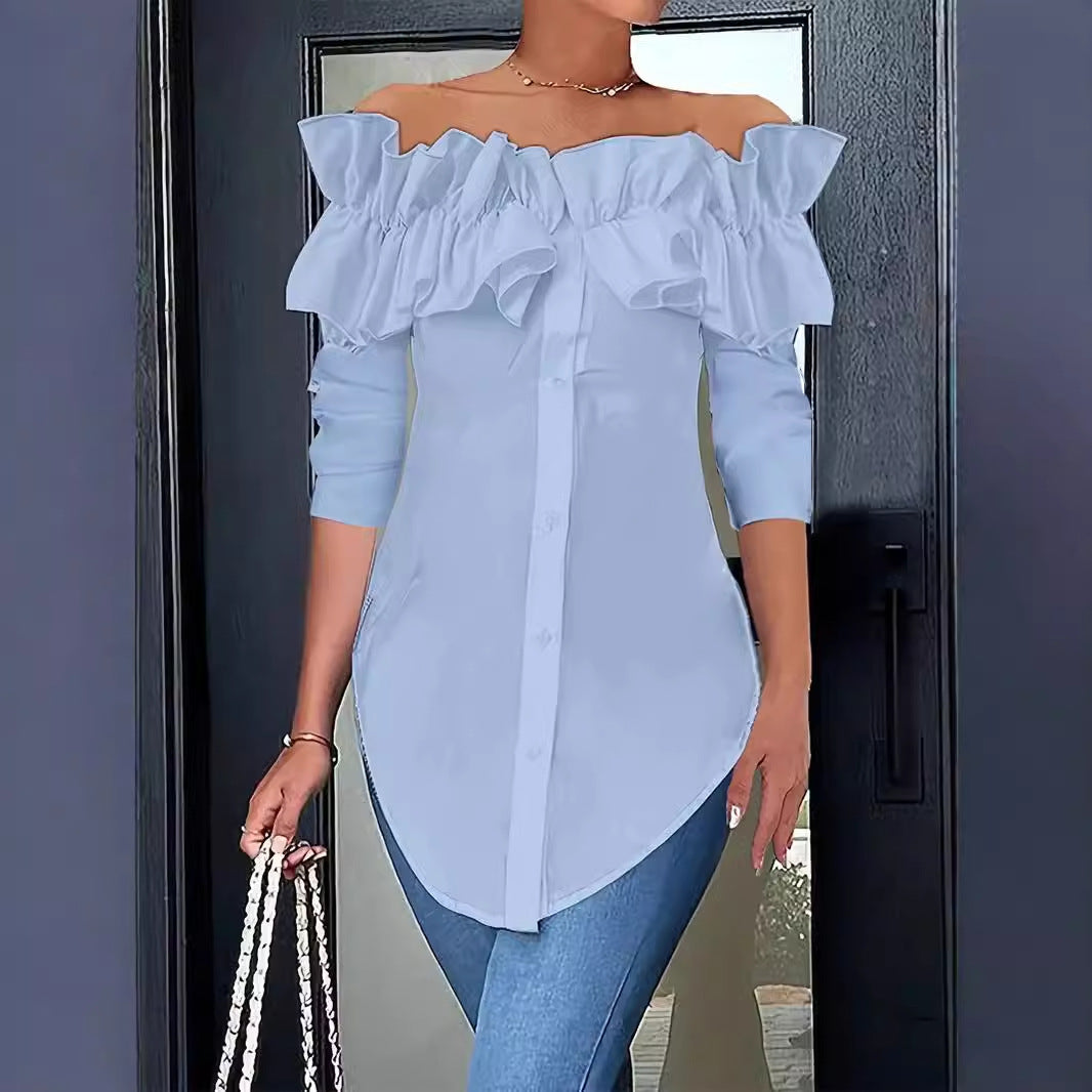 Solid Off-Shoulder Ruffled Button-Down Blouse