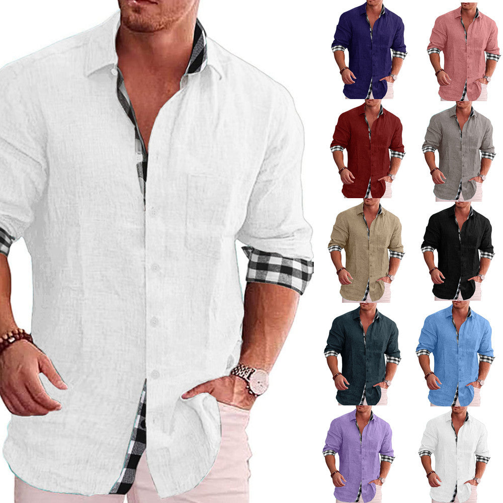 Long Sleeve Button-Down Shirt with Plaid Contrast