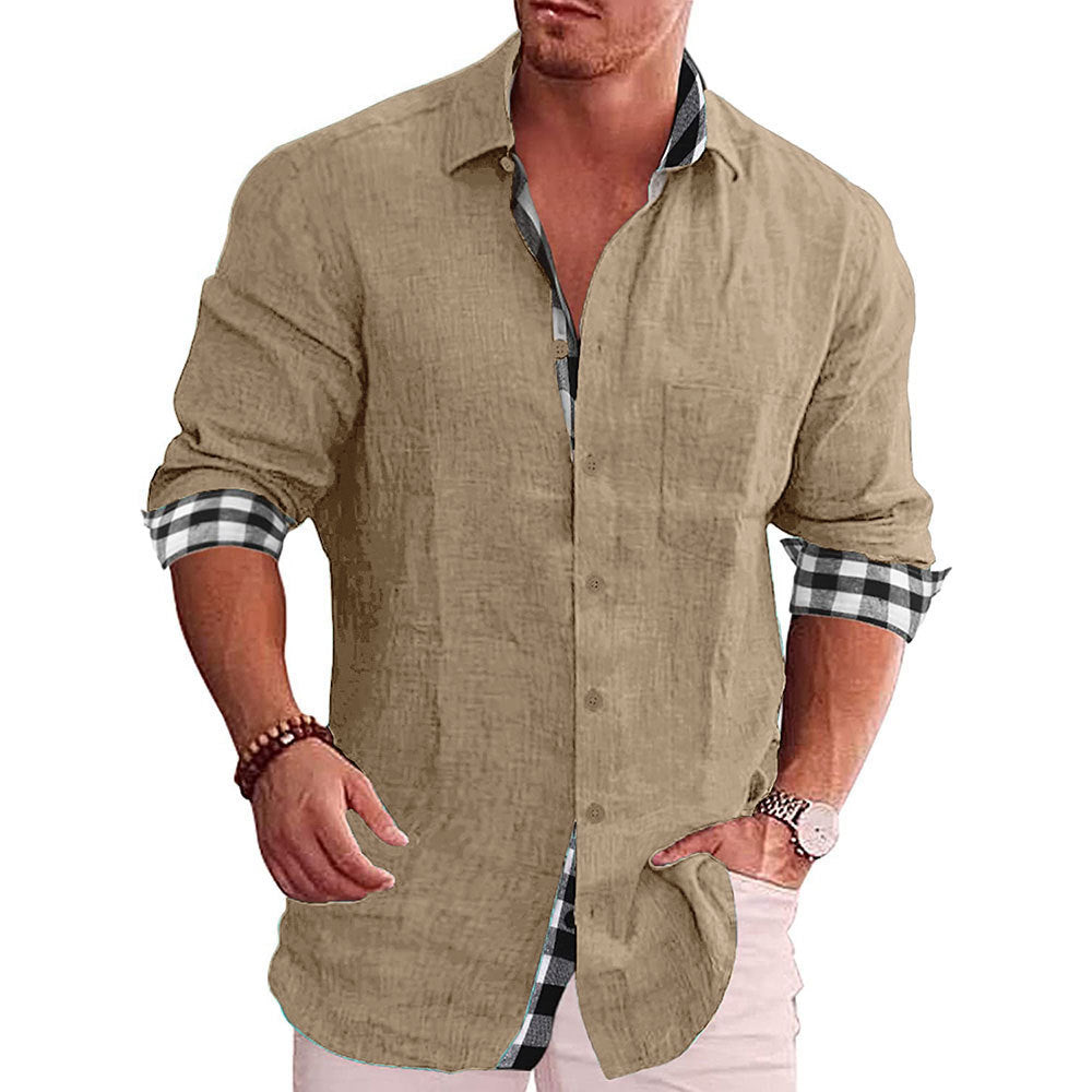 Long Sleeve Button-Down Shirt with Plaid Contrast