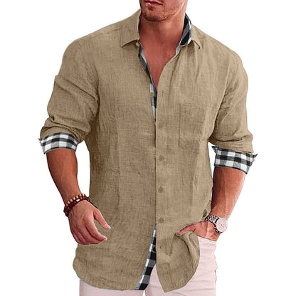 Long Sleeve Button-Down Shirt with Plaid Contrast