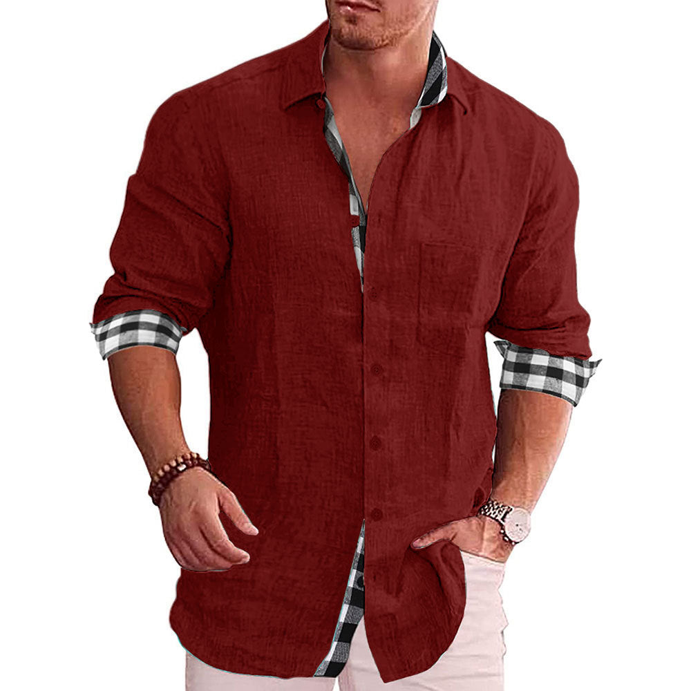 Long Sleeve Button-Down Shirt with Plaid Contrast