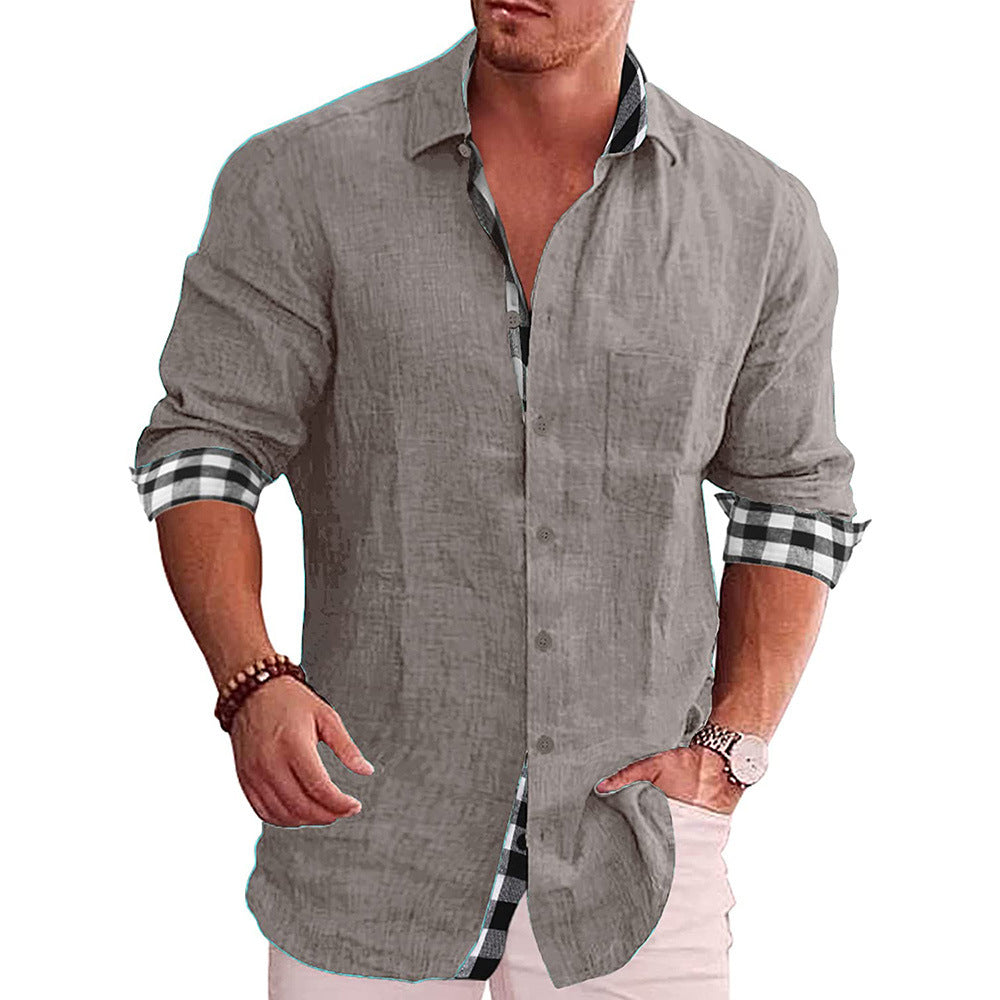 Long Sleeve Button-Down Shirt with Plaid Contrast