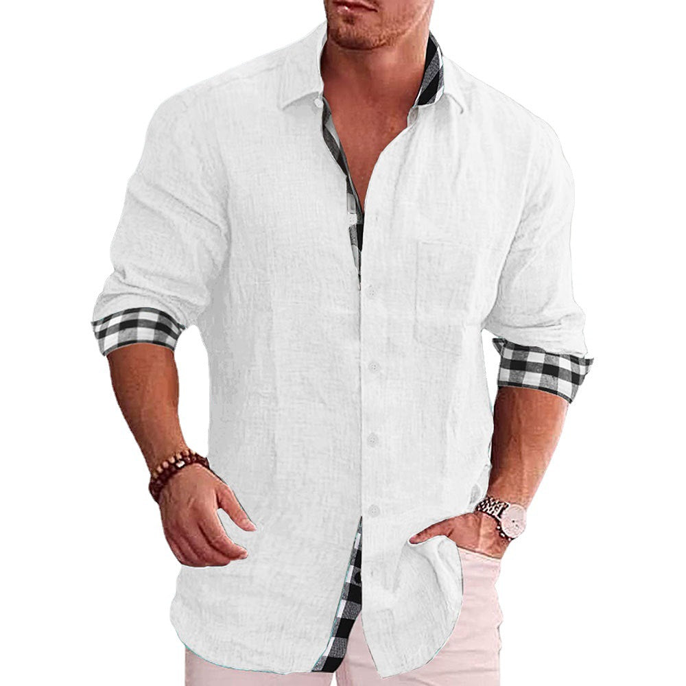 Long Sleeve Button-Down Shirt with Plaid Contrast