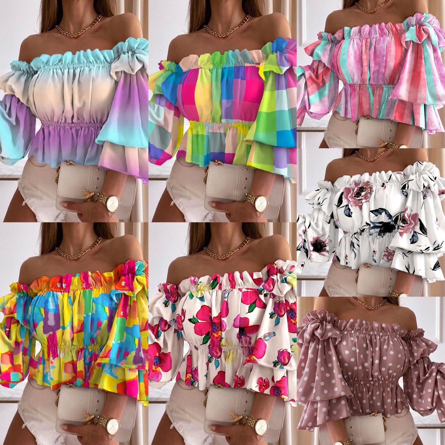 Printed Off-Shoulder Blouse with Ruffled Sleeves and Gathered Hem