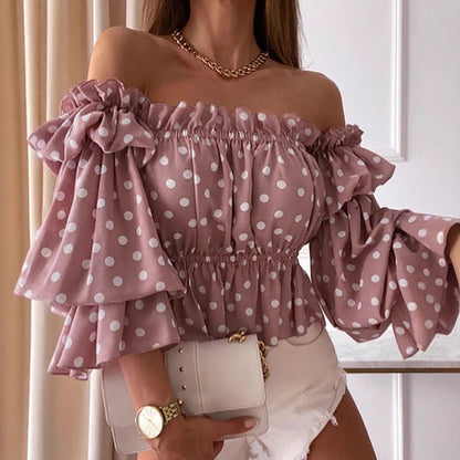 Printed Off-Shoulder Blouse with Ruffled Sleeves and Gathered Hem