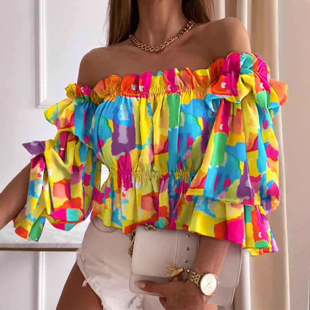 Printed Off-Shoulder Blouse with Ruffled Sleeves and Gathered Hem