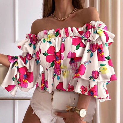 Printed Off-Shoulder Blouse with Ruffled Sleeves and Gathered Hem