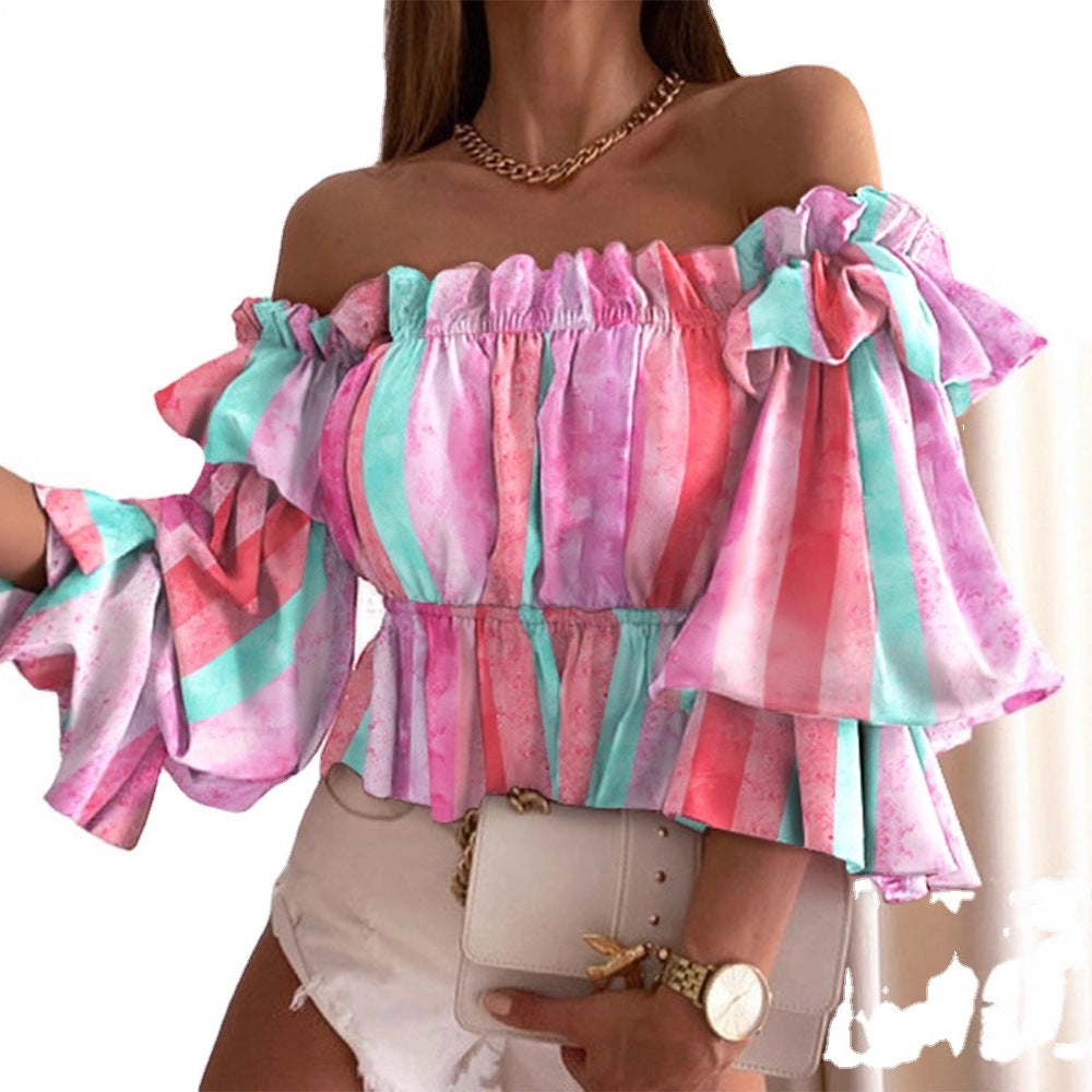 Printed Off-Shoulder Blouse with Ruffled Sleeves and Gathered Hem