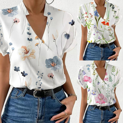 Loose Floral Print Blouse with V-Neck and Stand Collar
