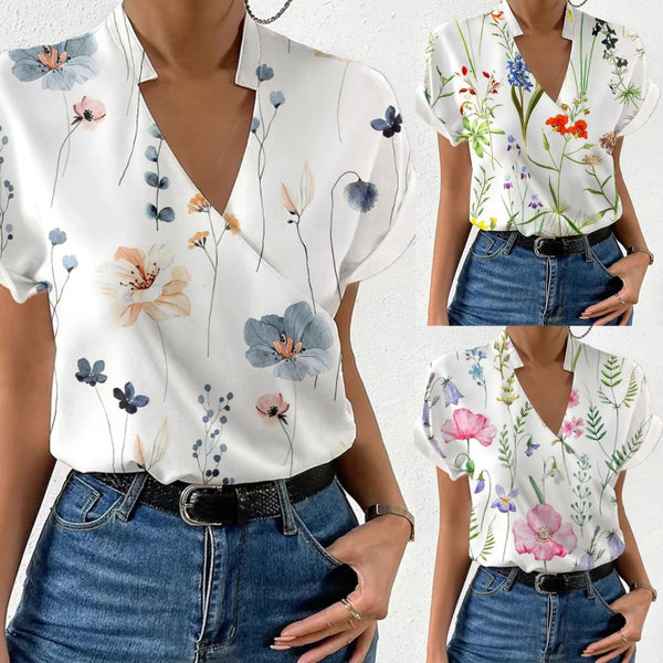 Loose Floral Print Blouse with V-Neck and Stand Collar