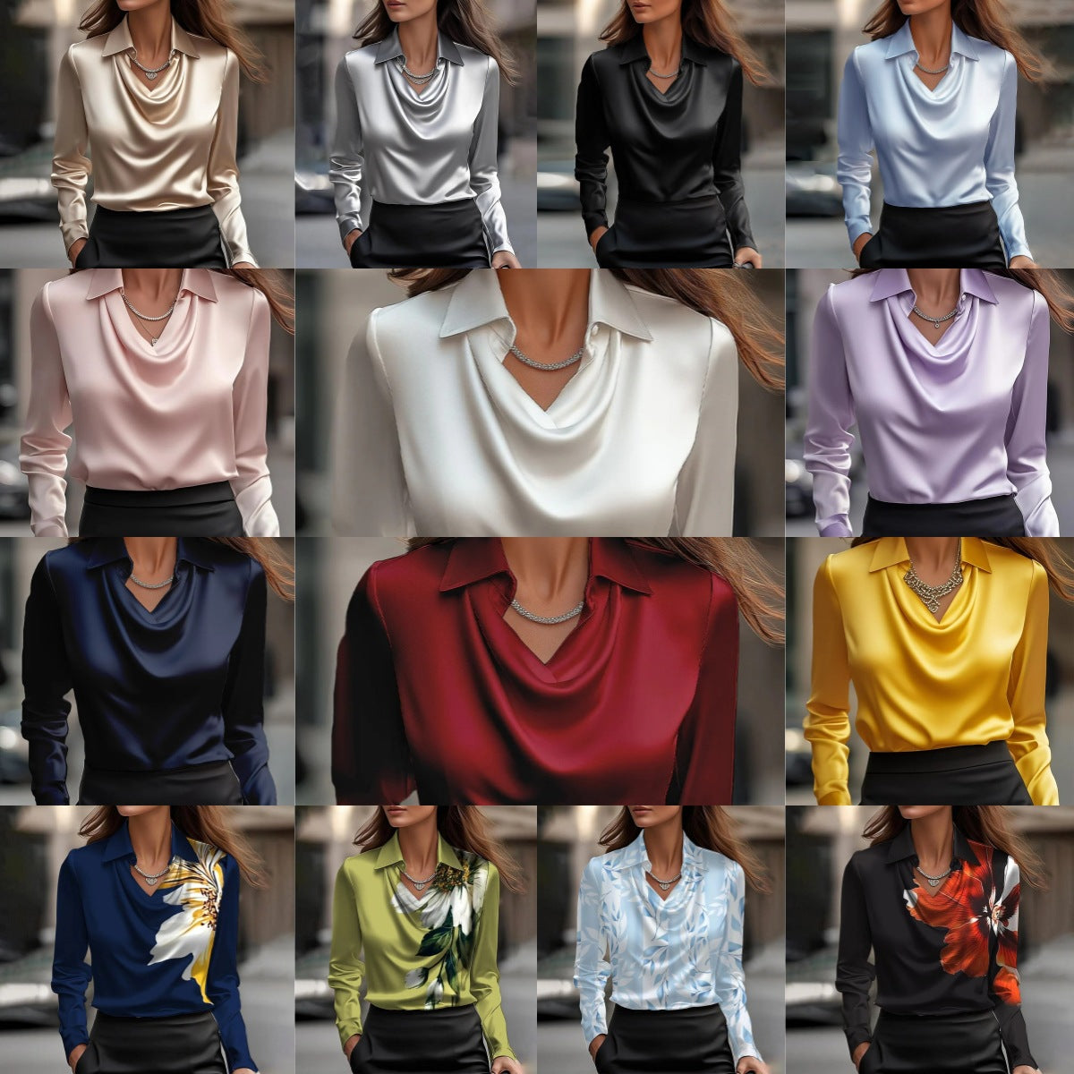 Long Sleeve Blouse with Draped Cowl Neck